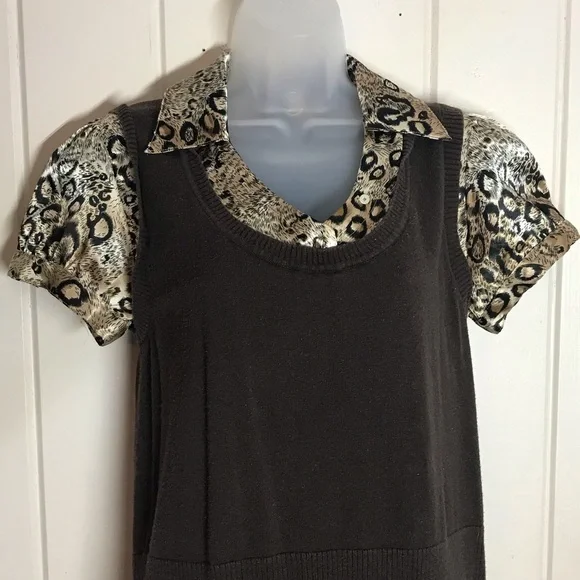AGB Brown & Cheetah Animal Print Blouse 
Size Large 10 - 12
55% Ramie 45% Cotton - Picture 5 of 12